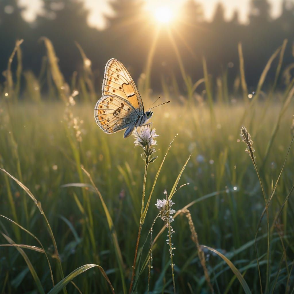 Ethereal Meadow at Dawn with Iridescent Butterfly