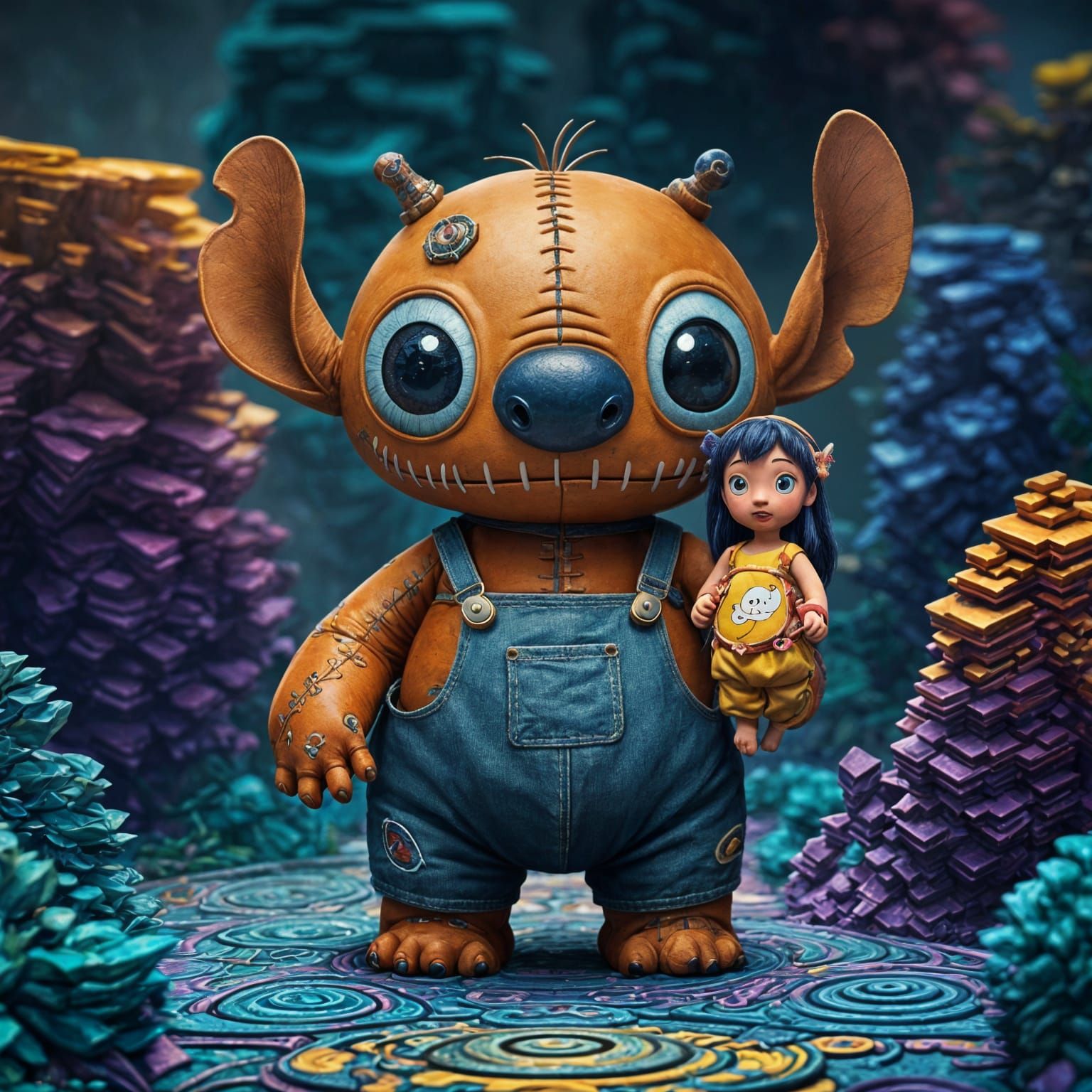 Whimsical Stitch Hybrid with Lilo, in Hyper-Maximalist CGI S...