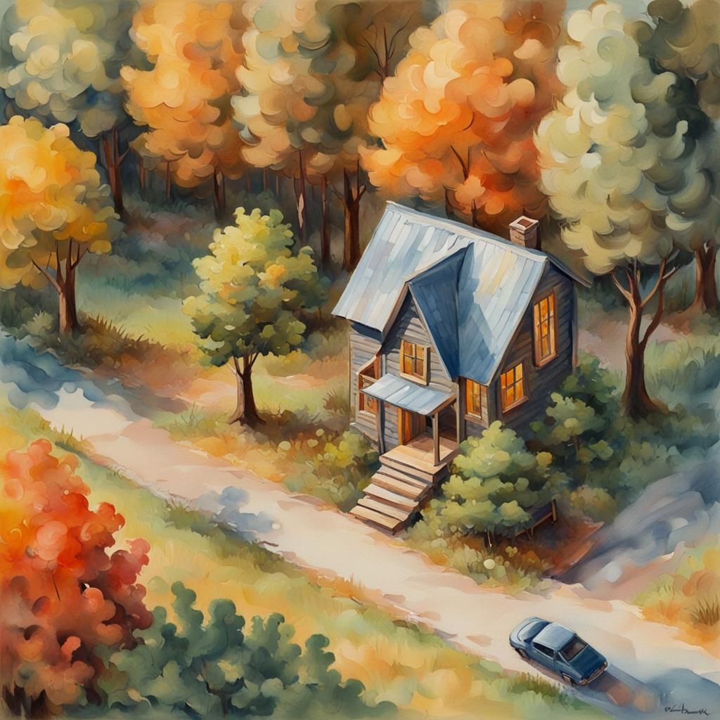 Tiny House Beside Road in Gouache Watercolor Style