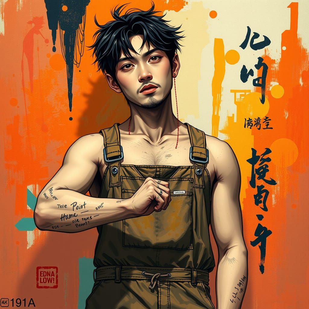 Dynamic Figure in Manga-Inspired Street Art Style