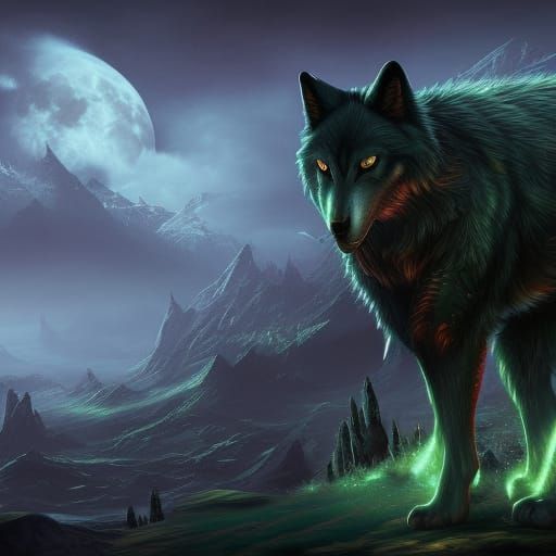Black Moon Wolf with Green Eyes: Detailed Fantasy Art