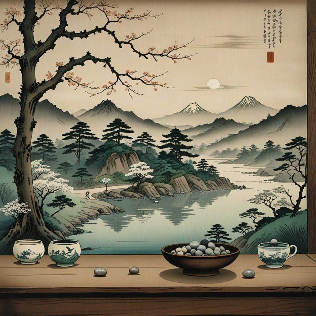 Surreal Zen Garden Teacup Still Life in Japanese Minimalist ...