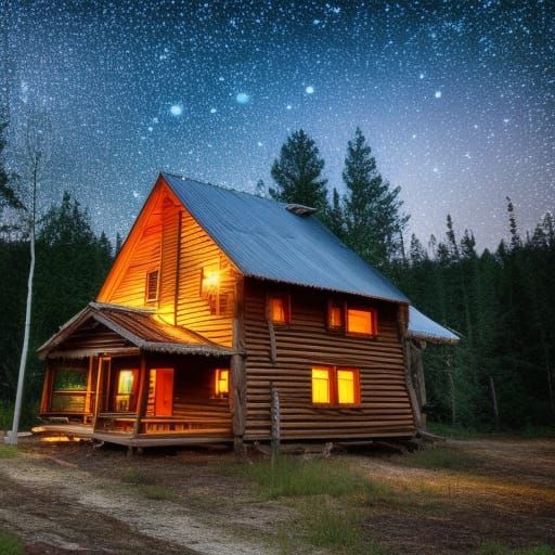Wooden House in Forest Under Starry Night