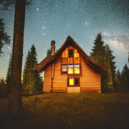 Wooden House in Forest Under Starry Night