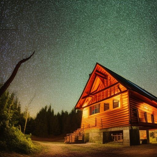 Wooden House in Forest Under Starry Night