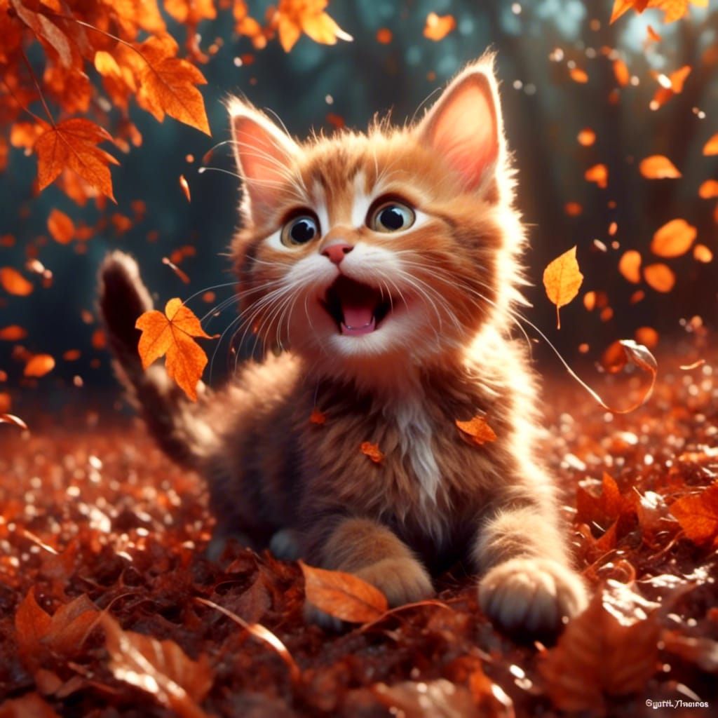 Playful Kitten in Autumn Leaves: Hyperrealistic Style