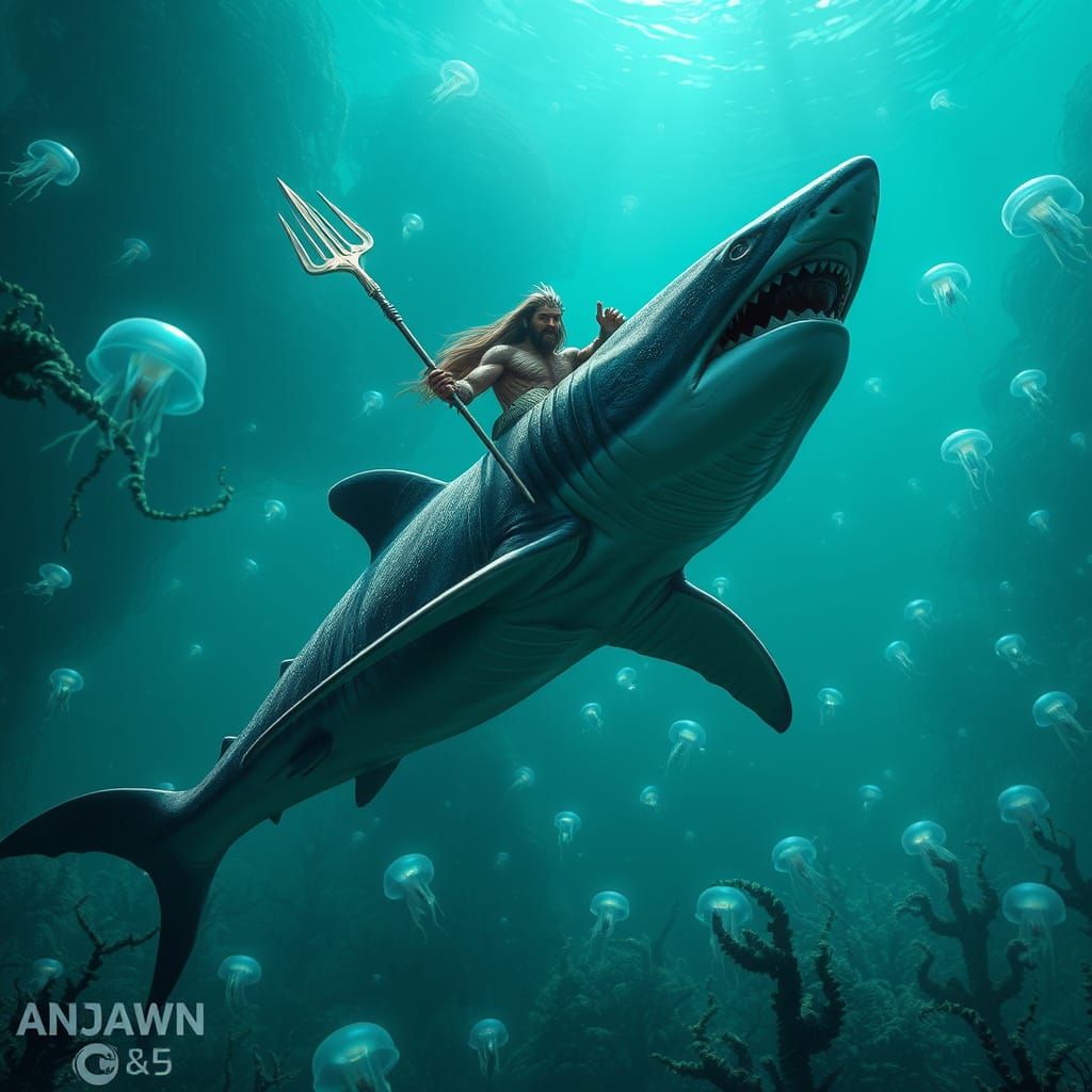 Aquaman Rides Ancient Shark through Bioluminescent Ocean Rea...
