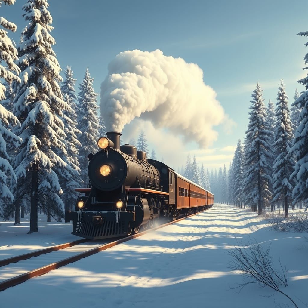 Majestic Steam Train in Snowy Forest Digital Painting