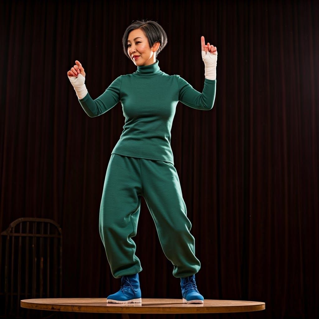 Martial Artist Dances with Joy in Vibrant Rave Setting