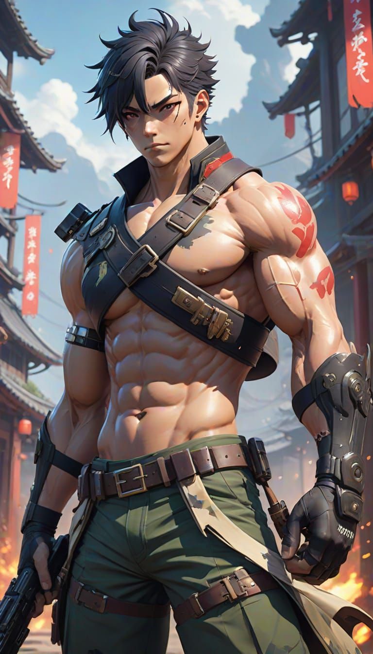 Anime Warrior with Gatling Gun in 3D