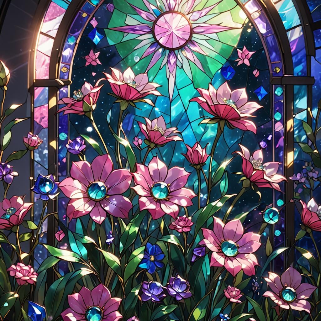 Stained Glass Flowers in Sparkling Anime Style