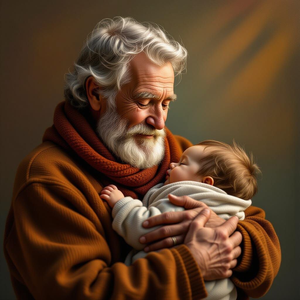 Elderly Man Cradles Infant in Warm Clothing
