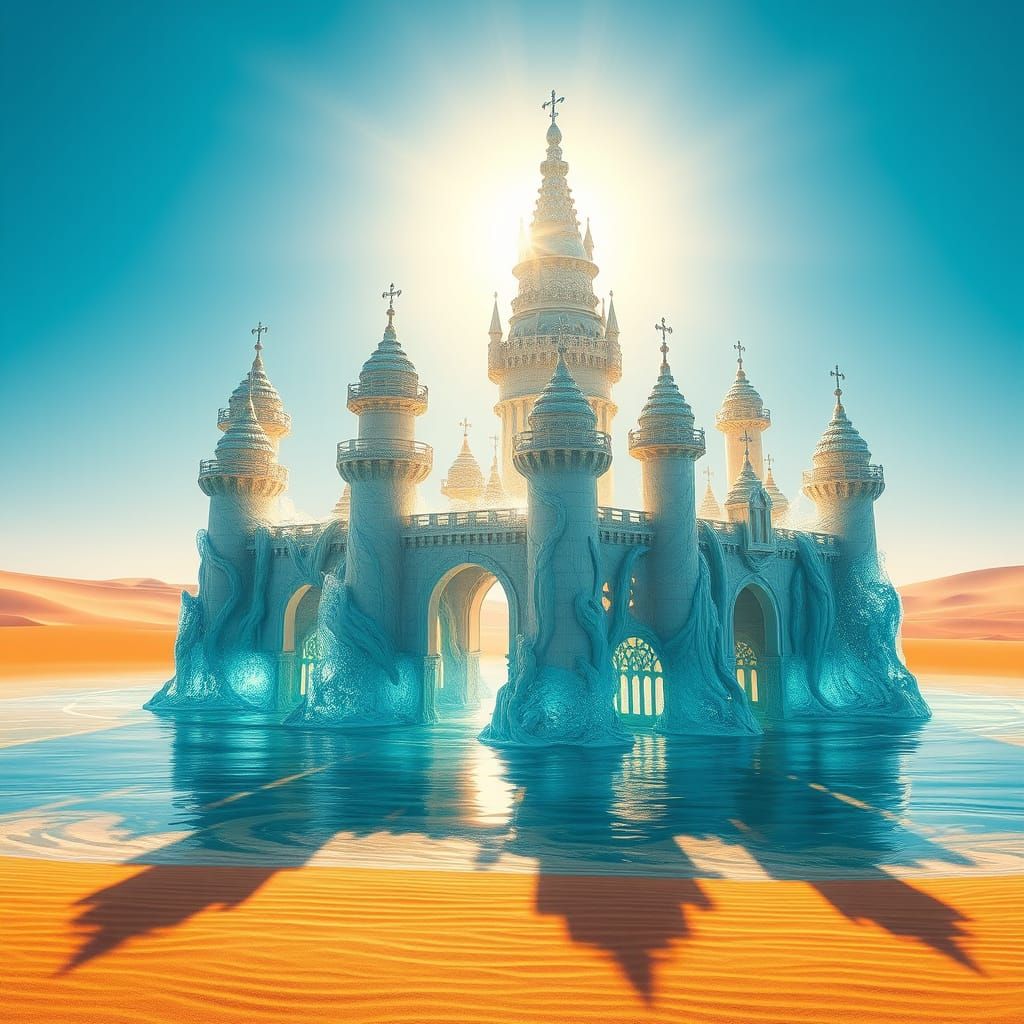 Surreal Water Castle Radiates Splendor in the Golden Desert
