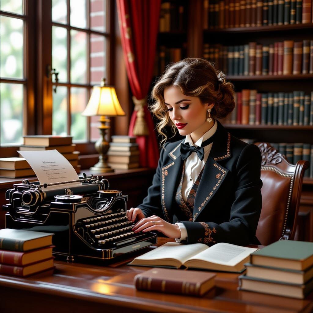 Writer in Cozy Library Inspired by James Jean