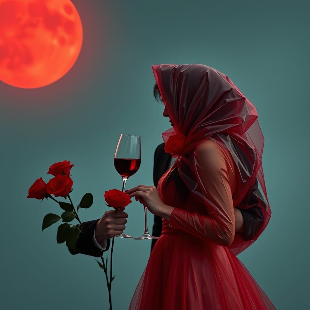 Surreal Lovers Dancing Under a Red Valentine Moon
