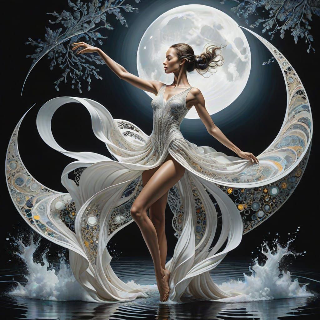 Surreal Porcelain Goddess Under Super Moon - Elegant Futuris...