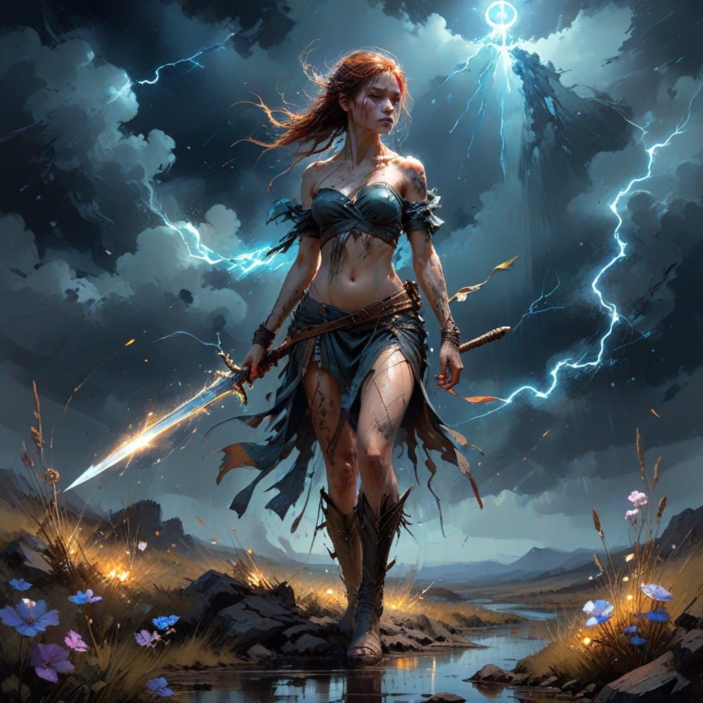 Lone Warrior on Desolate Battlefield Under Stormy Sky