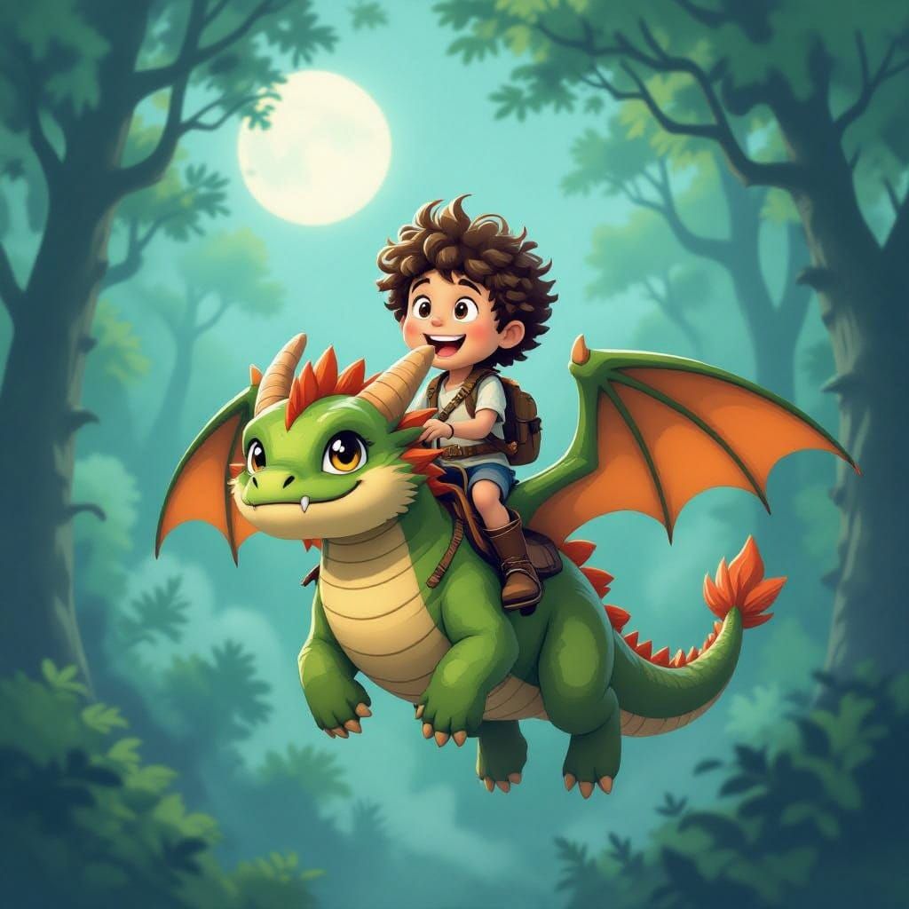 Boy and Majestic Green Dragon Soar Through Enchanted Forest