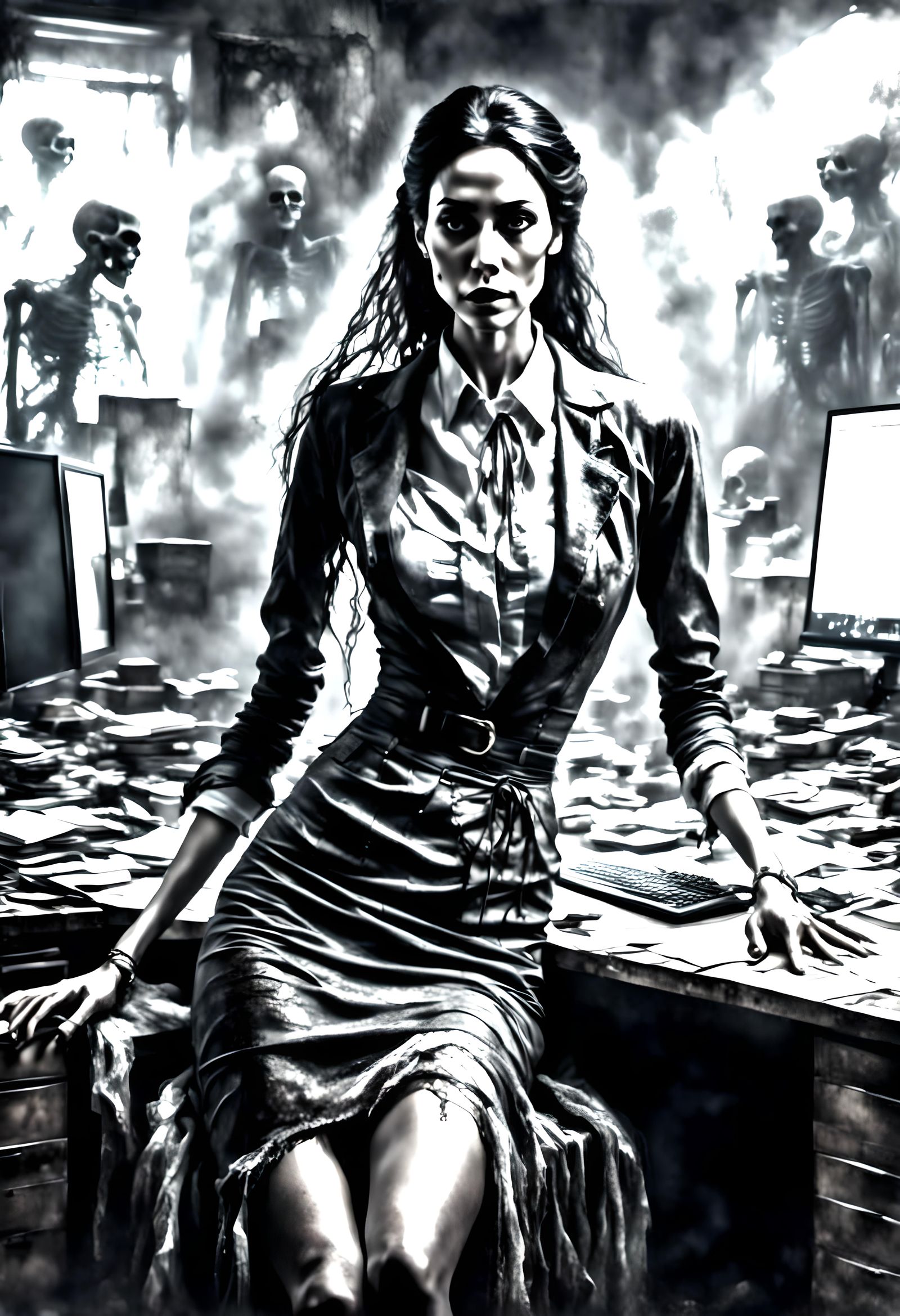 Pencil Sketch of a Woman in 1990s Office