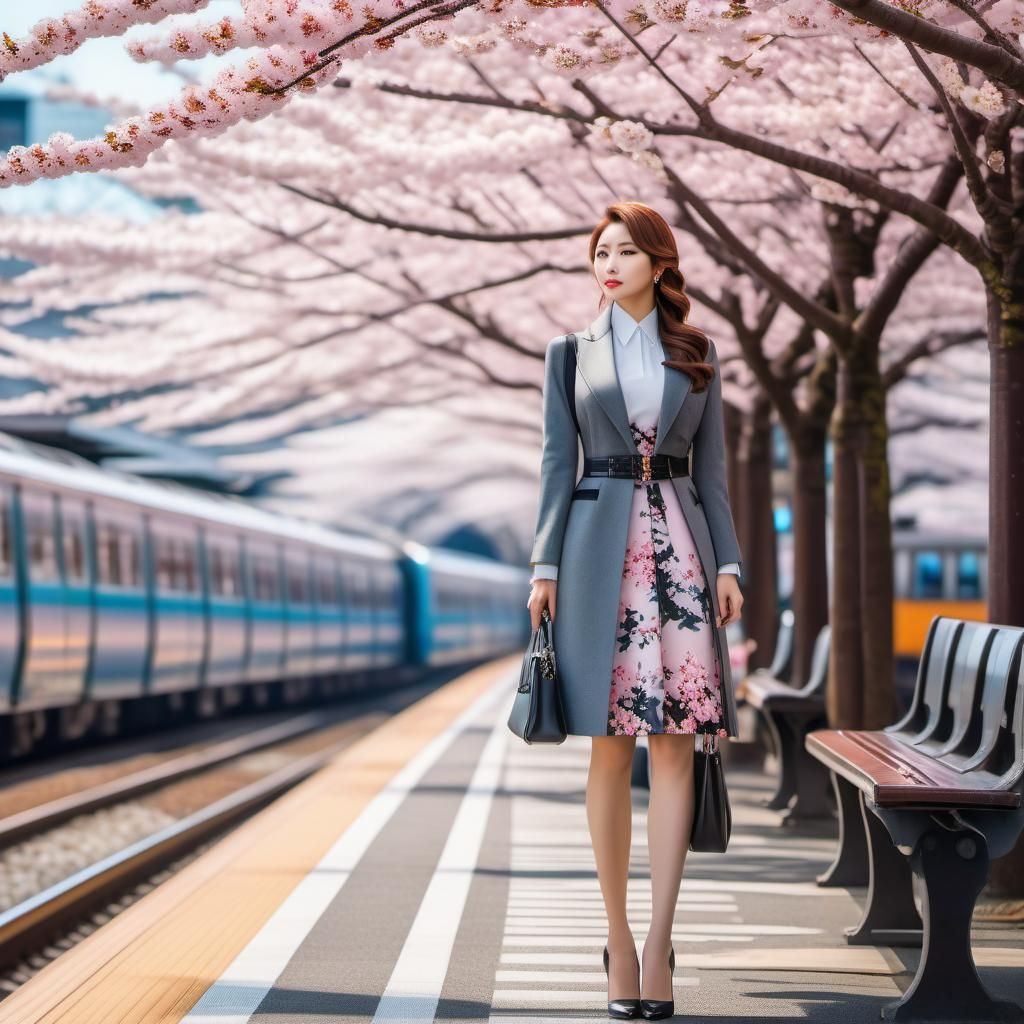 Fashionable Girl Waiting for a Train.