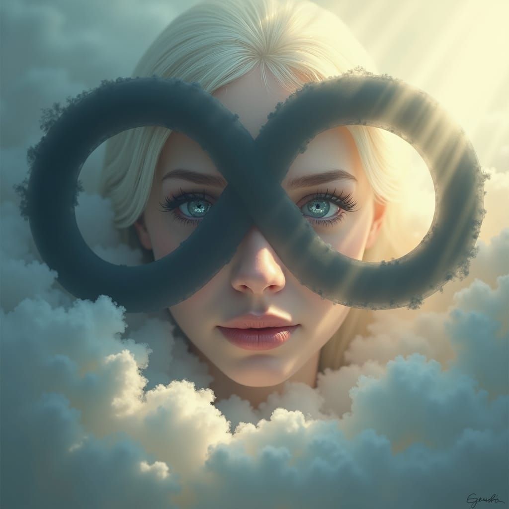Ethereal Woman with Silver Eyes in Infinity Symbol