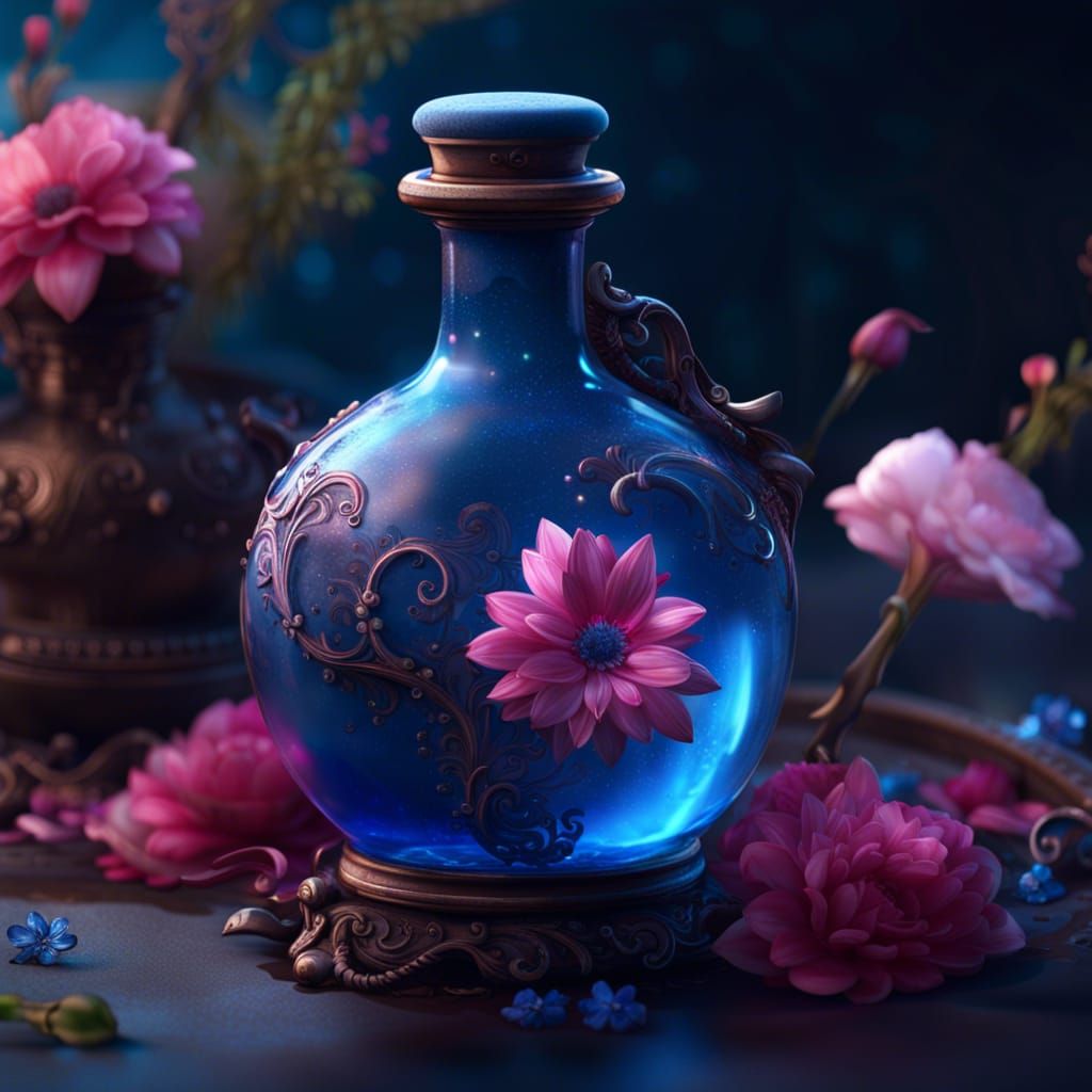 Mysterious Potion Bottle with Flowers, Detailed Matte Painti...