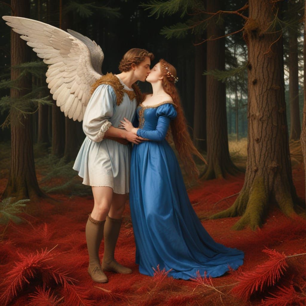 Romantic Angel Kissing Mortal Woman in Forest
