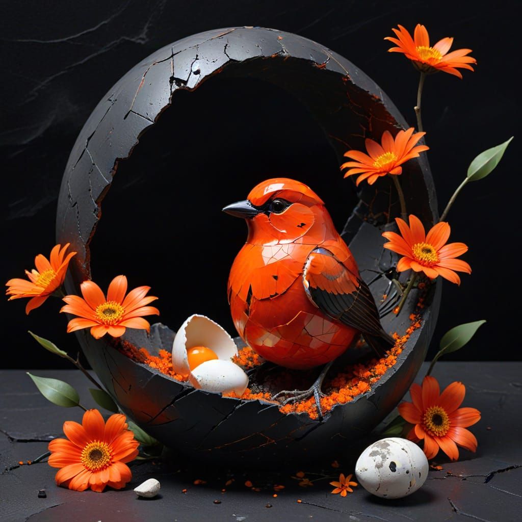 Surreal Bird on Egg in Abstract Cubism