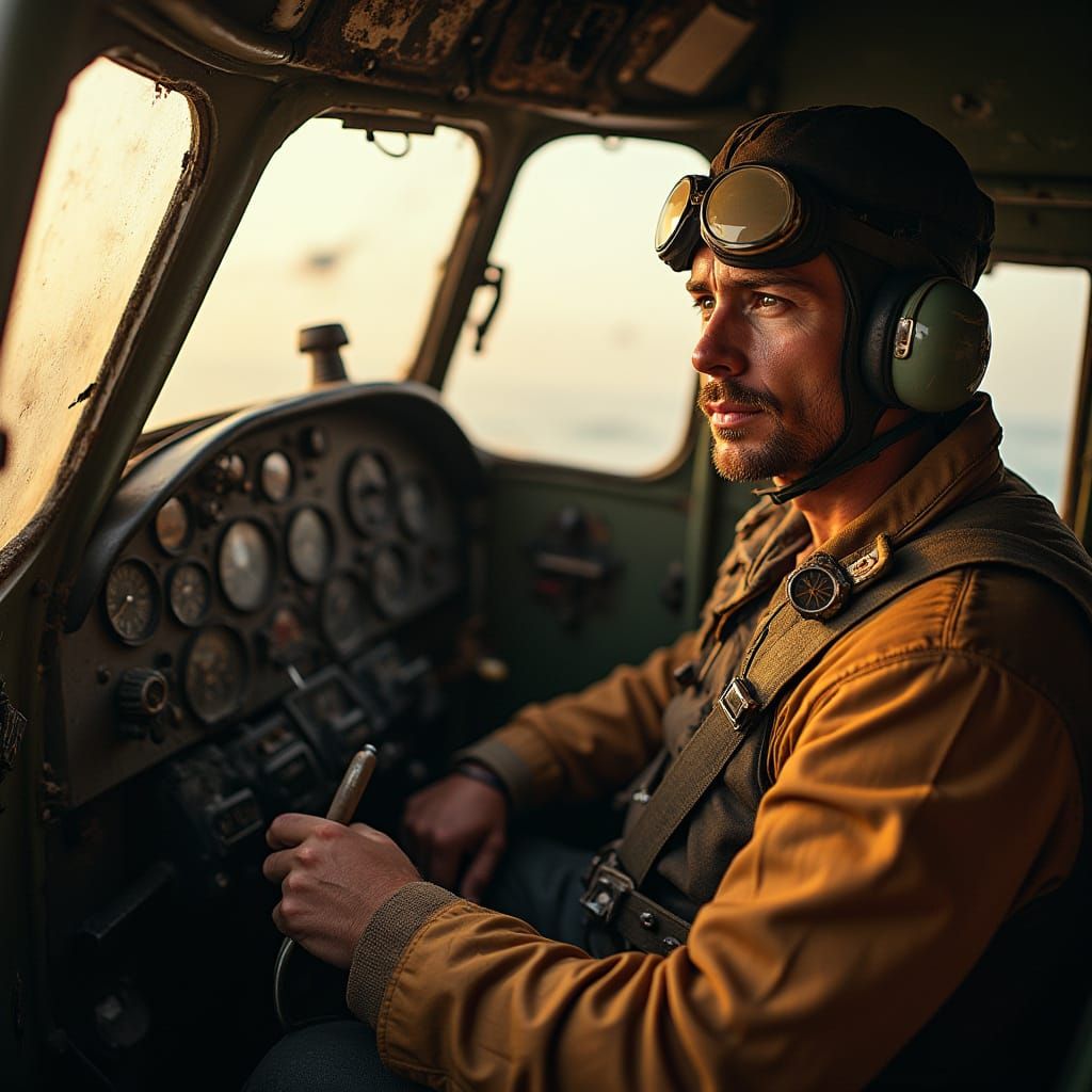 WWII Warbird Pilot in Vintage Cockpit