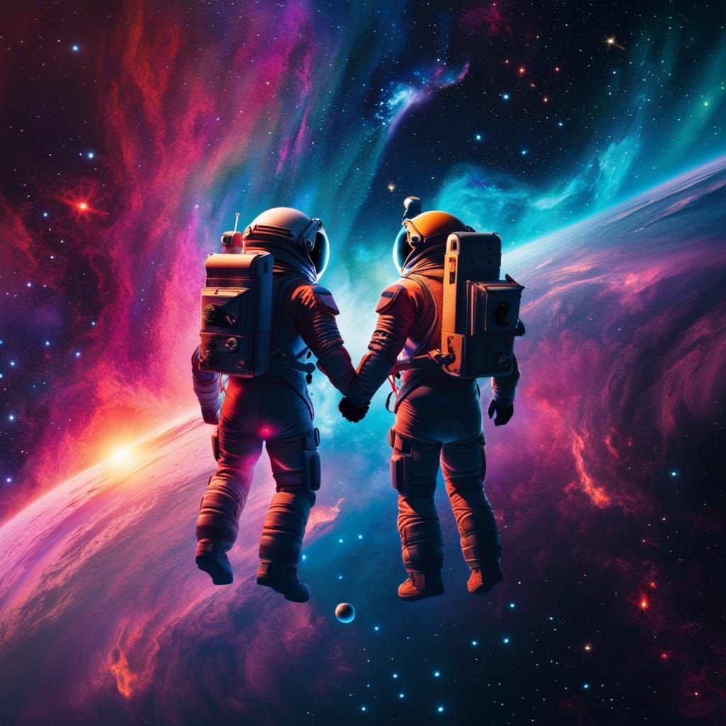 Astronauts Holding Hands in Space, Colorful Nebula