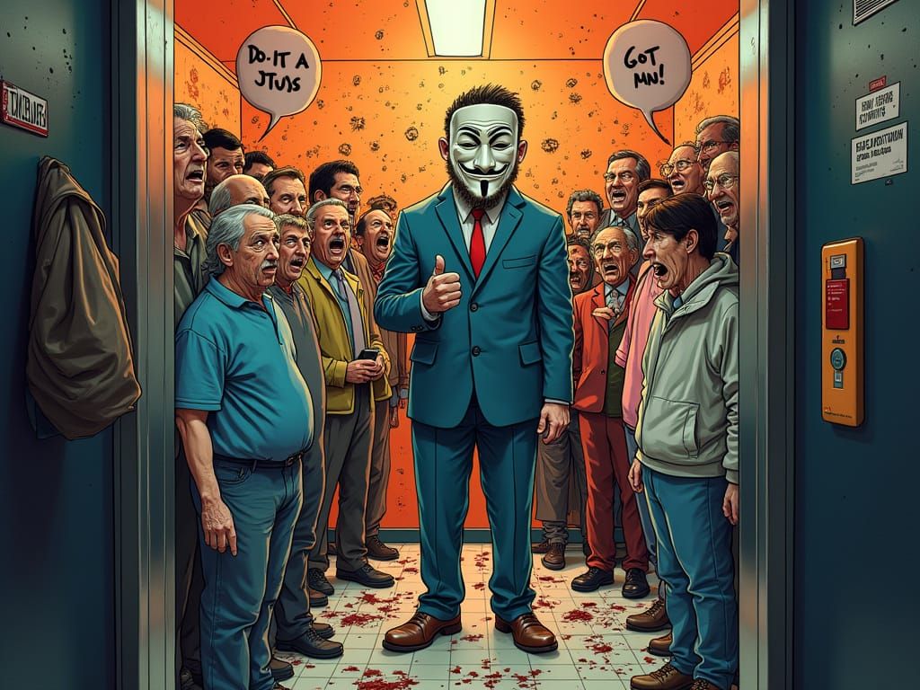 People appalled and nauseated in a  full elevator when Anonymous Ray (mask on) farts