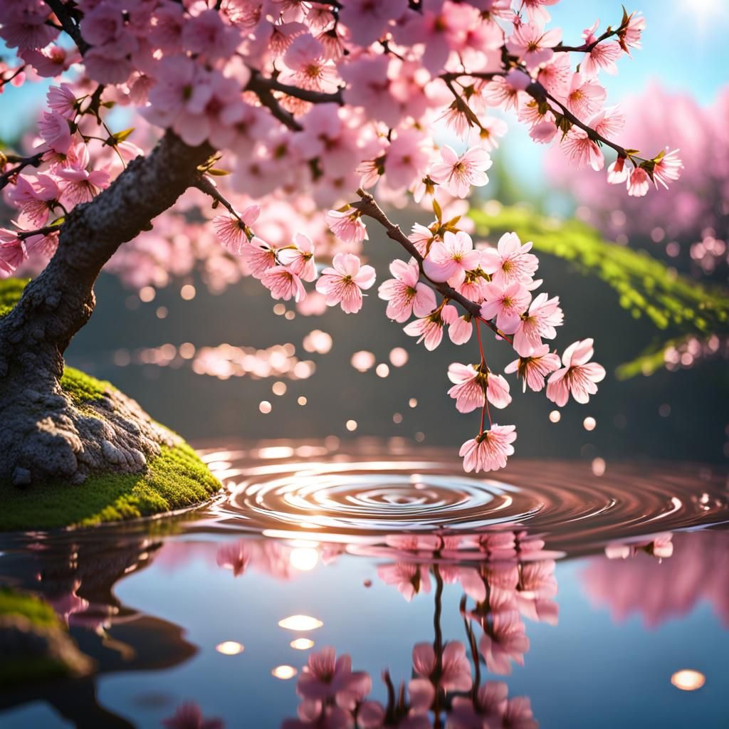 Cherry Blossoms Reflected in Pond: Photorealistic Art