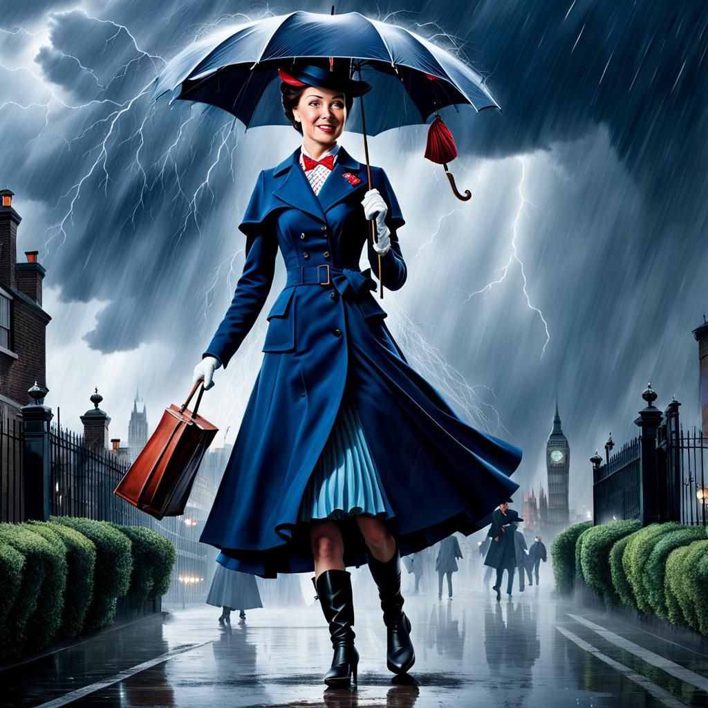 Mary Poppins Swept Away in a Storm: Hyperrealistic Portrait