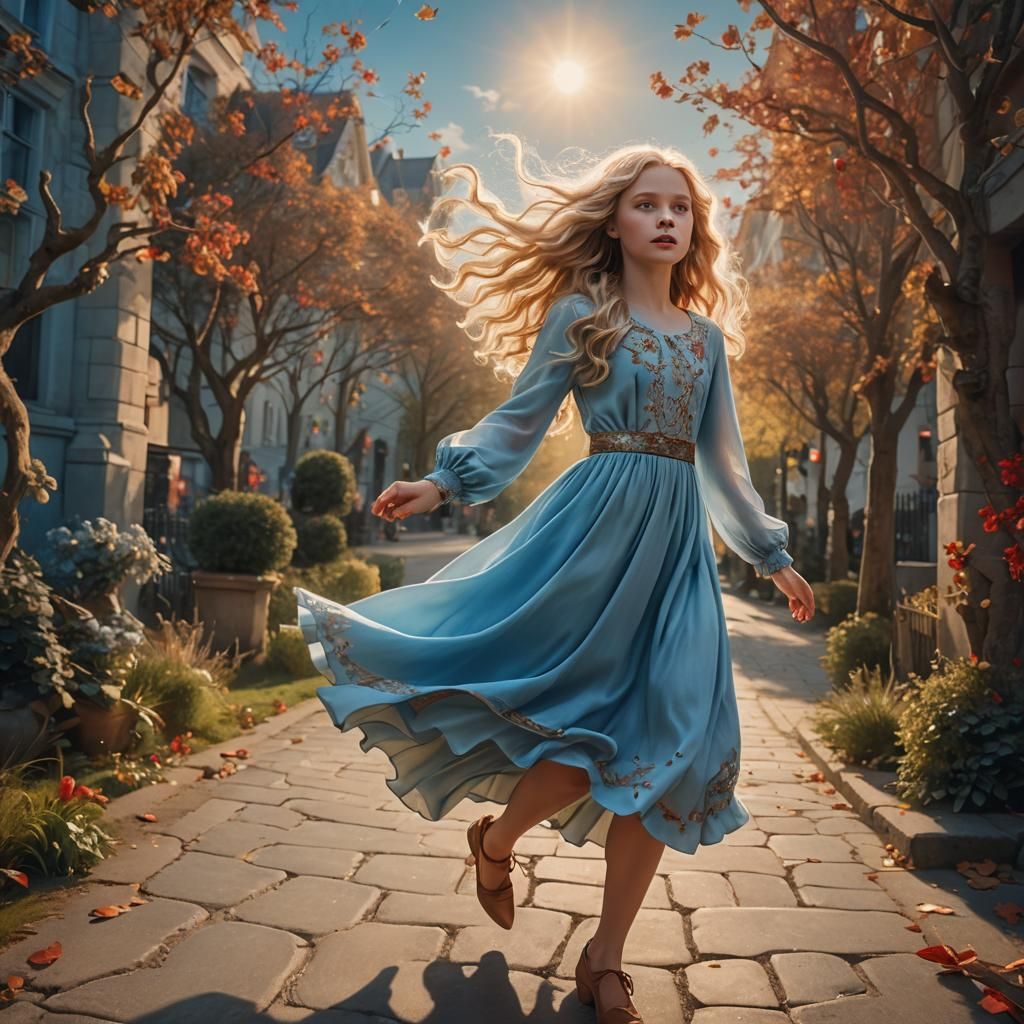 Girl with Lead Shoes Flying in Golden Light