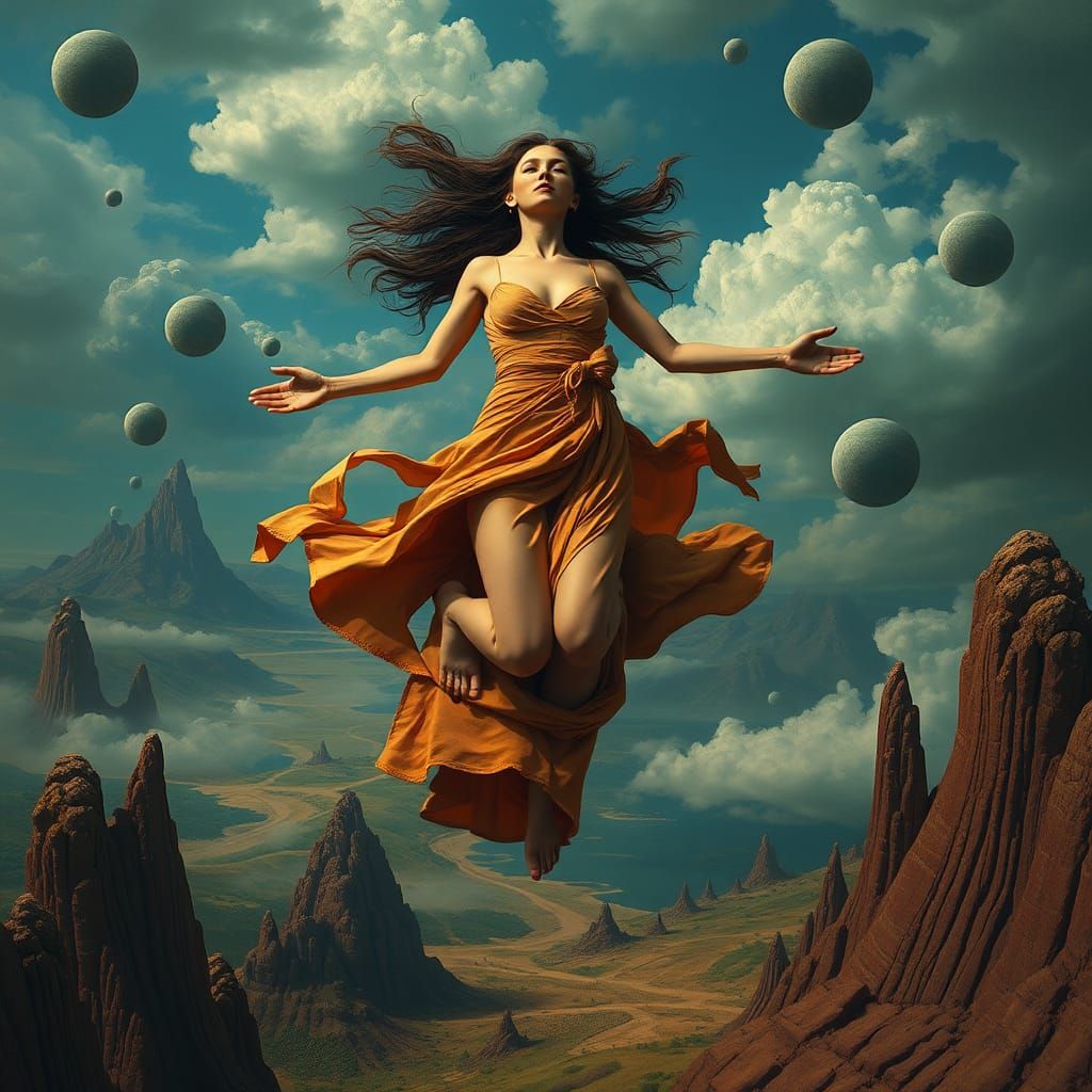 Woman Floating in Surreal Dreamscape, Salvador Dali Style