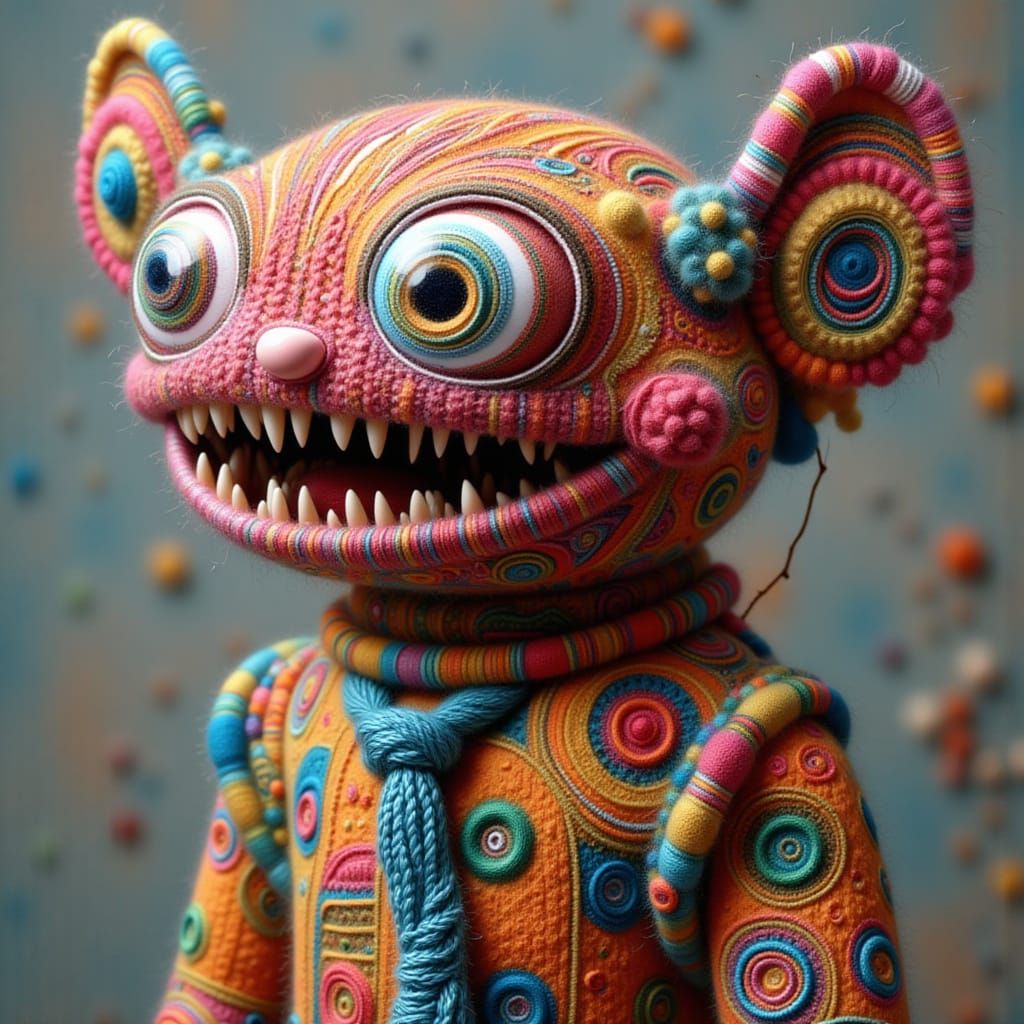 Yarn monster knitting a sweater, pop surrealism <lora:Abstract Art Objects:1.0>