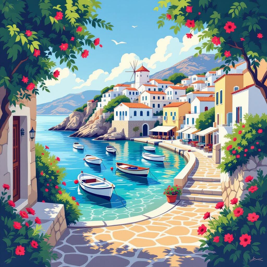 Idyllic Rhodes Village Coastal Scene in Graphic Art Style