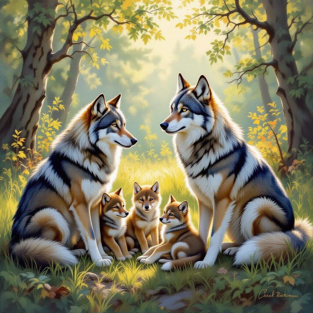 Wolf Pack in Sun-Dappled Forest Clearing