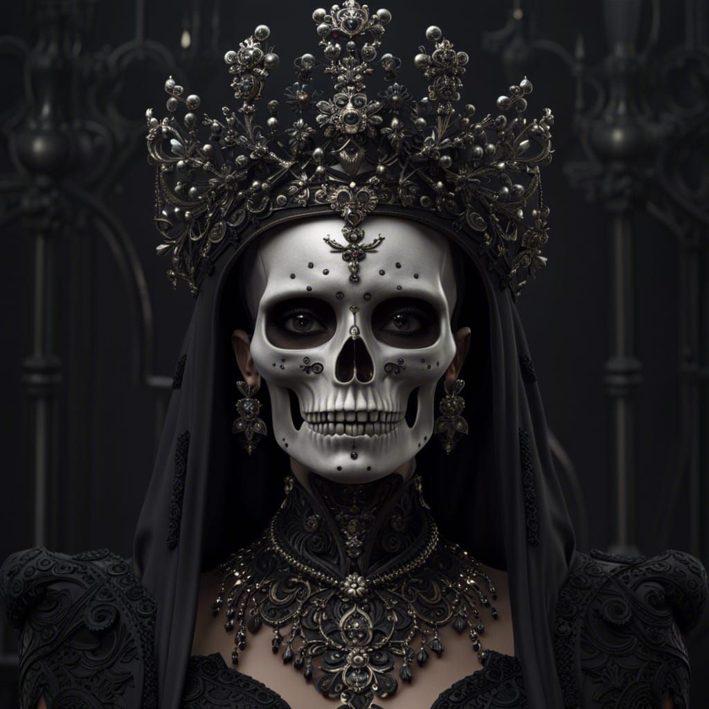 Gothic Skeleton Lady in Black Crown, Hyperrealistic