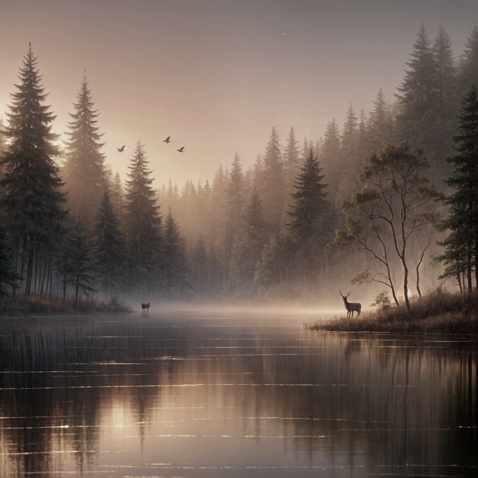 Serene Forest Lake at Dawn in Rose Gold and Blush