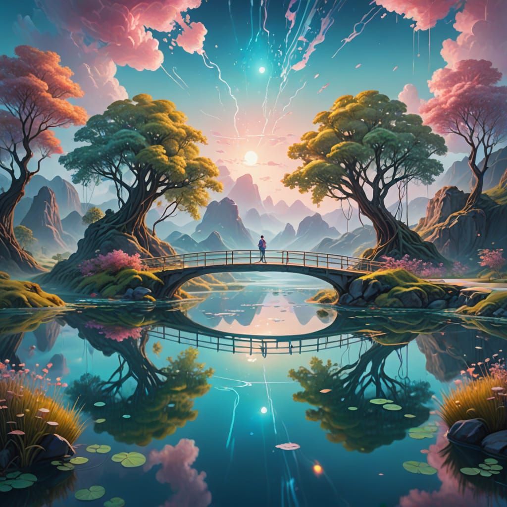 Surreal Floating Islands Connected by Dream Bridge