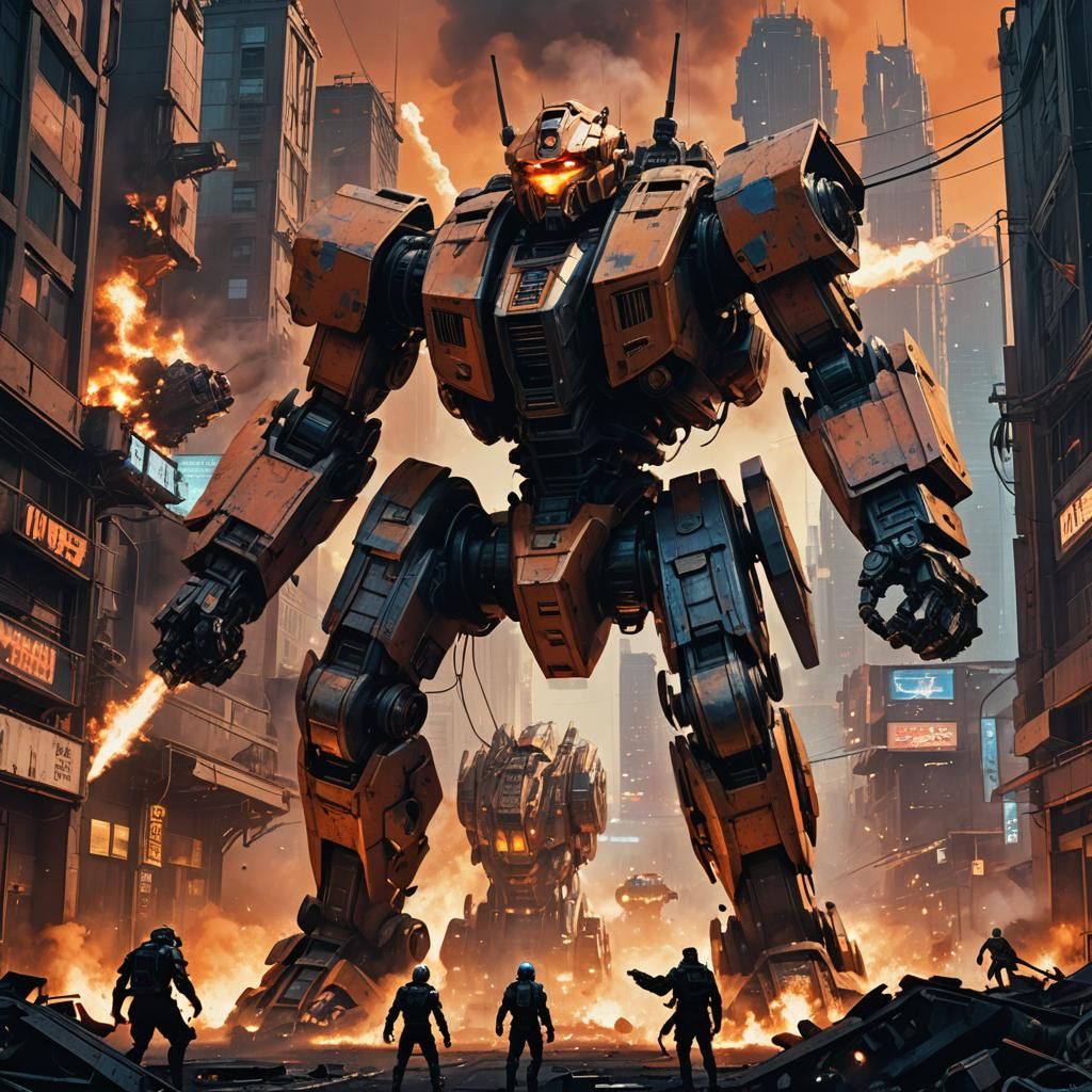 Giant Robot Battle in War-Torn Cityscape