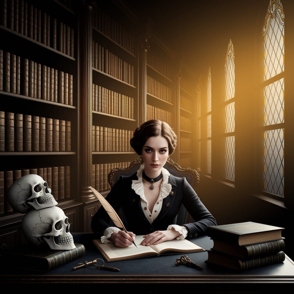 Gothic Writer Surrounded by Ancient Tomes and Skulls