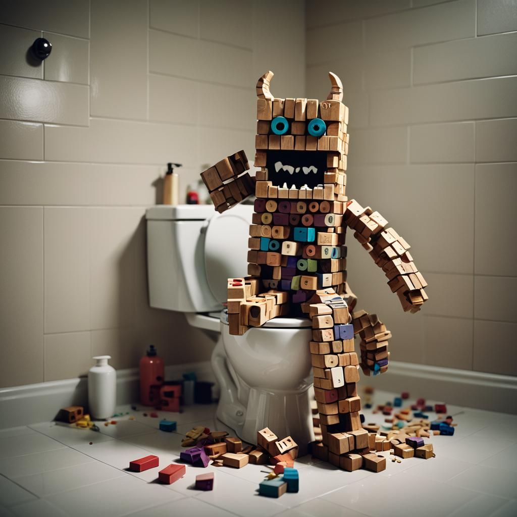 Jenga Monster on Toilet: Cinematic Film Still