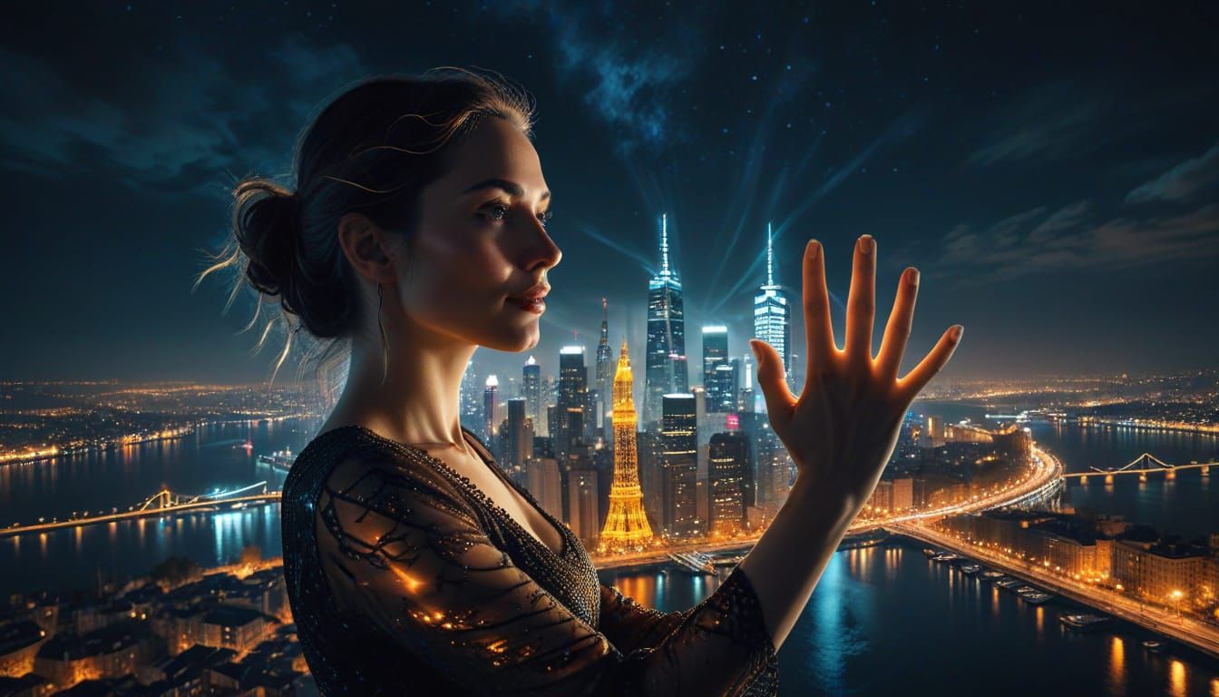 Woman Beckons with Cityscape Silhouette in Rembrandt Style