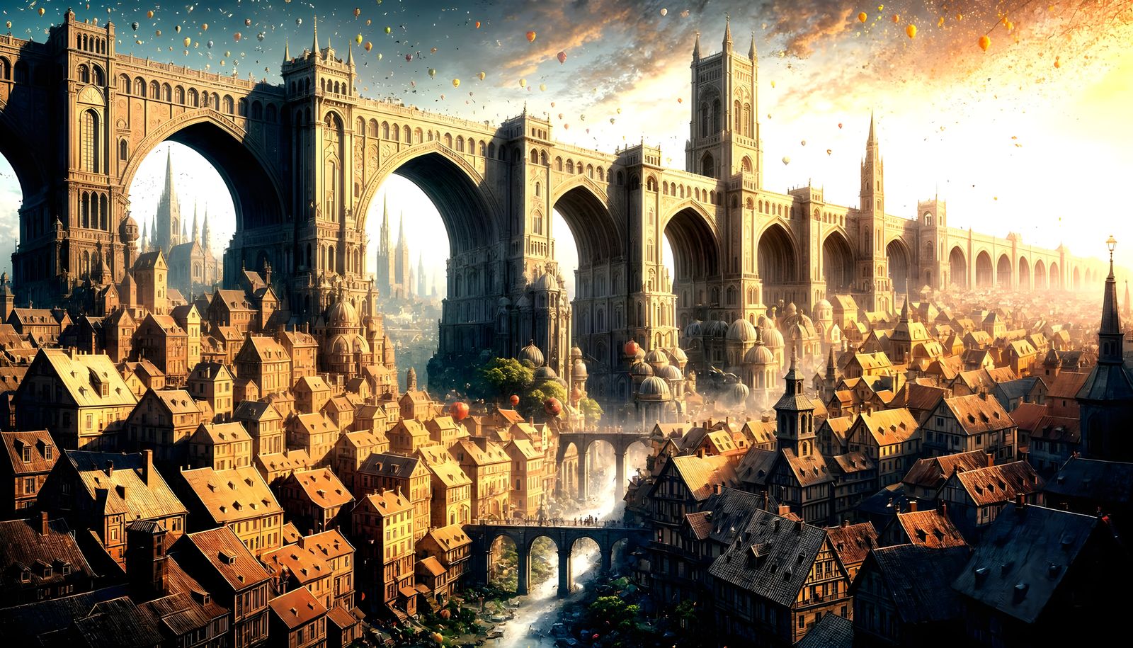 Colossal Stone Bridge Over Medieval City in Romantic Realism