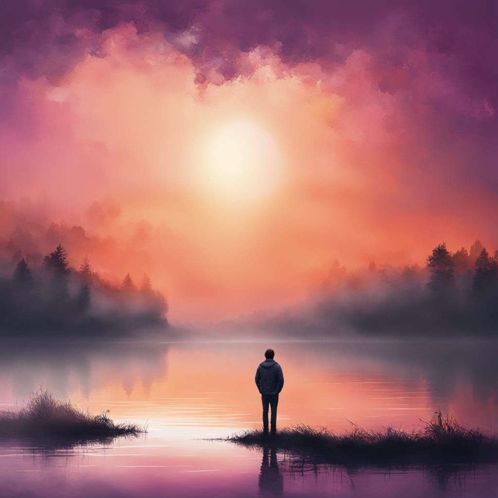 A lone figure stands at the edge of a tranquil lake, gazing ...