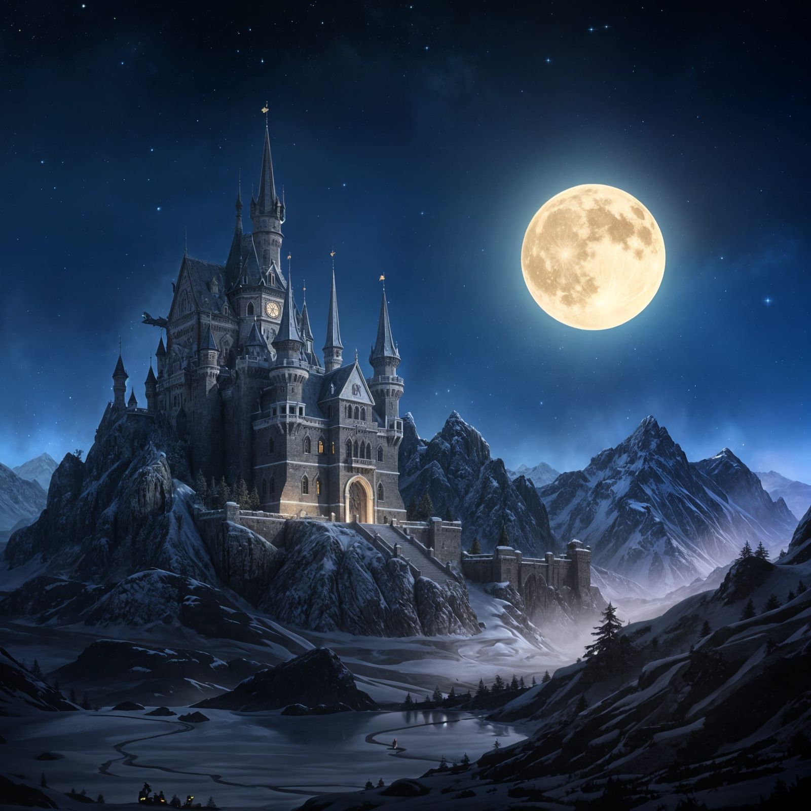 Majestic Castle in Winter Mountain Galaxy
