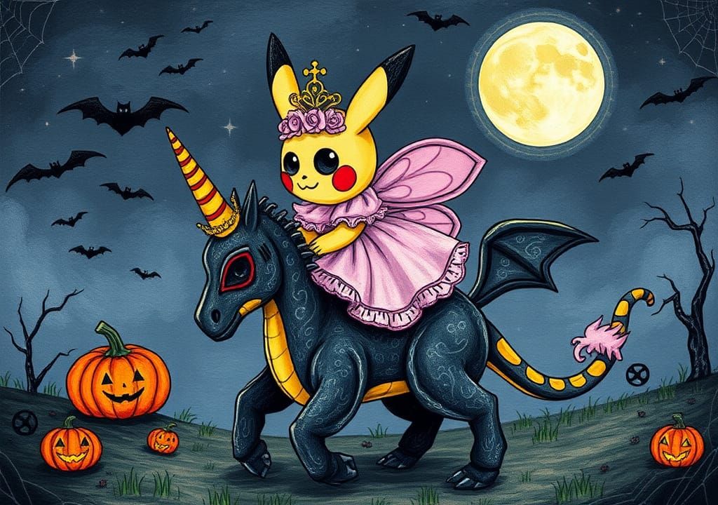 Sugar Skull Pikachu Rides Unicorn in Crayon Style