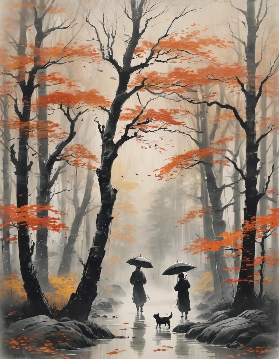 Autumn Forest Lovers in Japanese Calligraphy Style